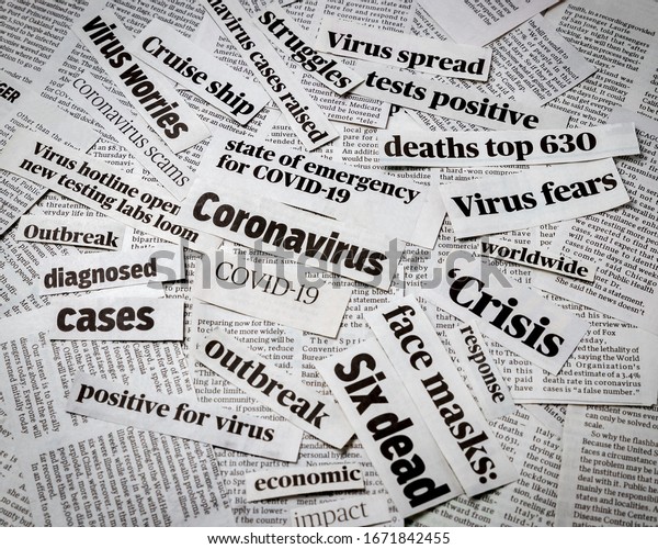 Coronavirus, covid-19 newspaper headline\
clippings. Print media information\
isolated