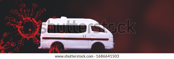 Coronavirus Covid-19 pandemic global\
crisis.Ambulance for accepting infection coronavirus patients to\
hospital.white ambulance car with virus covid19 background.Copy\
space.Omicron virus\
variants.