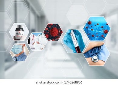 Coronavirus COVID-19 photo set banner in concept of medical treatment including medicine, vaccine and doctor service to prevent, treat and cure covid-19 or 2019 Coronavirus Disease. - Shutterstock ID 1745268956
