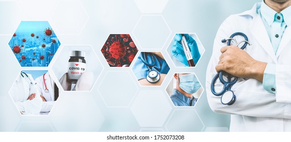 Coronavirus COVID-19 photo set banner in concept of medical treatment including medicine, vaccine and doctor service to prevent, treat and cure covid-19 or 2019 Coronavirus Disease. - Shutterstock ID 1752073208