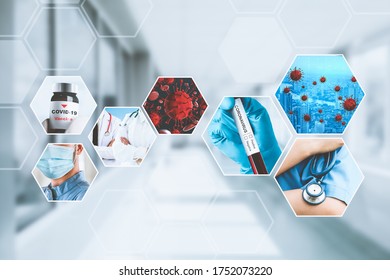 Coronavirus COVID-19 photo set banner in concept of medical treatment including medicine, vaccine and doctor service to prevent, treat and cure covid-19 or 2019 Coronavirus Disease. - Shutterstock ID 1752073220