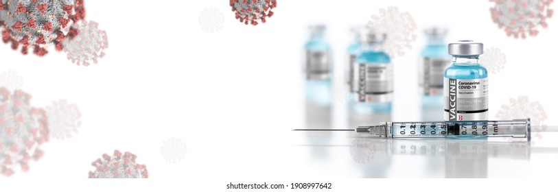 Coronavirus COVID-19 Vaccine Vial Against Molecule Background Banner.