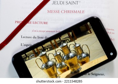 Coronavirus Epidemic (COVID-19). Lockdown. Holy Week. Chrism  Mass  Celebration On Smartphone.  France.  04-26-2020