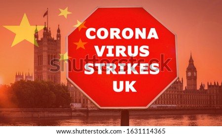Coronavirus epidemic message with Chinese flag composite and UK Houses of Parliament.