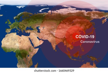 Coronavirus Epidemic, Word COVID-19 On Global Map. Novel Corona Virus Outbreak In China. The Spread Of Coronavirus In World. COVID, Satellite And China Concept. Elements Of Image Furnished By NASA.