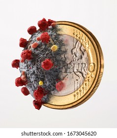 Coronavirus Europe Contagion On Euro Coin On White Background.