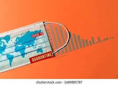 Coronavirus: Flatten The Curve With Protective Measures, Message On Surgical Mask With Curve Graph To Reduce Covid-19 Spread.  Stay Home Recommendation To Stop Pandemic Disease.