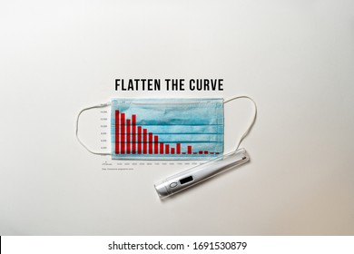 Coronavirus: Flatten The Curve With Protective Measures, Message On Surgical Mask With Curve Graph To Reduce Covid-19 Spread.  Stay Home Recommendation To Stop Pandemic Disease.