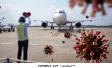 Coronavirus Floating On Air While Airport Worker Signaling To Plane Pilot On The Runway. Beautiful Airplane Arrival At International Airport. Pandemic Of Covid19 Virus Infection Concept.