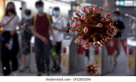 Coronavirus floating on air while people wearing surgical mask and walking in subway. Covid19 pneumonia has been spreading into many cities. virus infection concept. Digital Rendering animation 3D - Powered by Shutterstock