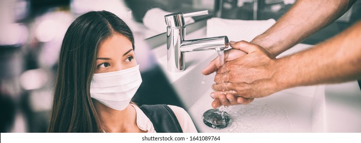 Coronavirus Hygiene Steps For Virus Spreading Prevention. Asian Woman Wearing Face Mask And Man Washing Hands In Hot Water Rubbing In Soap Panoramic Banner.