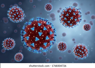 Coronavirus illustration. New deadly disease-causing viruses such as COVID-19 or SARS (Severe acute respiratory syndrome). Virus in a microscope close up. 3D rendering