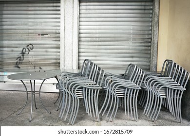 Coronavirus Impact, Empty Restaurant And Cafeteria Tables. 