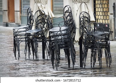 Coronavirus Impact, Empty Restaurant And Cafeteria Tables. 