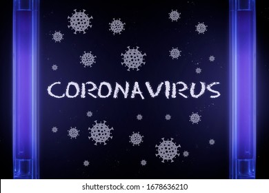 The Coronavirus label and Covid-19 molecules under UV light. The concept of an invisible virus