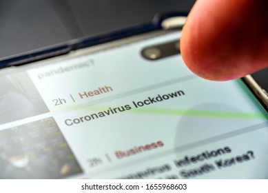 Coronavirus Lockdown Text On Smart Phone Screen. - Northampton, UK - February 25, 2020