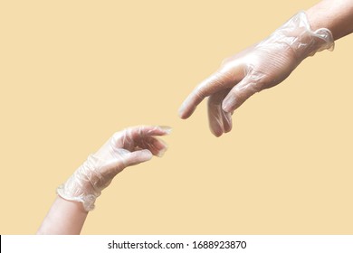 Coronavirus Meme Concept: Creation Of Adam Like Hands Wearing Latex Gloves On Beige Background