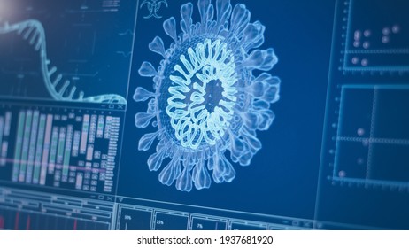 Coronavirus Model On Computer Screen. Futuristic Laboratory Research