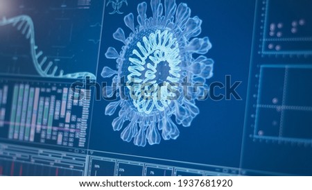 Coronavirus model on computer screen. Futuristic laboratory research