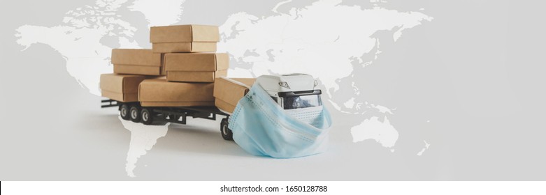 Coronavirus NCoV Chinese Infection Danger  Business Of Trucking, Delivering Cargo Around World Car In Mask Protection Against Virus World Map With  Location  China,  Virus Epidemic  China Coronavirus 