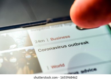 Coronavirus Outbrake Text On Smart Phone Screen - Northampton, UK - February 25, 2020.