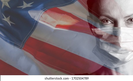 Coronavirus Outbreak. Face Of Woman With Medical Mask With Flag Of United States On Background. Stay At Home During Quarantine