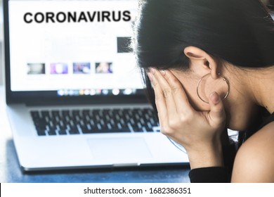 Coronavirus Outbreak:  A Woman Reading News/updates About Coronavirus And Getting Anxiety/depression. Isolation Against Coronavirus.