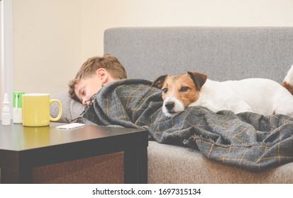 Coronavirus Pandemic Concept With Sick Child Sleeping And Sad Dog Lying Near