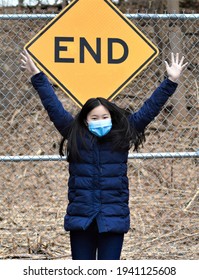 The Coronavirus Pandemic Is Over. Girl Jumping For Joy To Return To Normal Life.