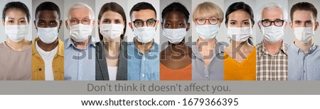 Coronavirus Pandemic. A set of portraits of people of different nationalities and ages in medical masks with the slogan 
