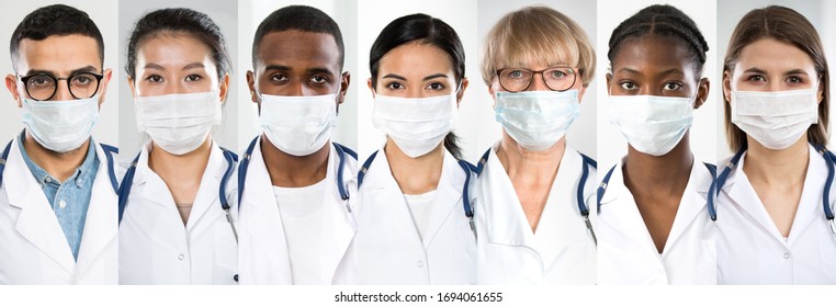 Coronavirus Pandemic. A set of portraits team of doctors of different nationalities and ages in medical masks. - Shutterstock ID 1694061655
