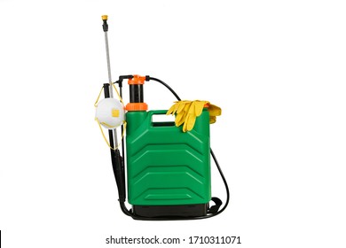 Coronavirus prevention, Disinfection service. Disinfectant canister with medical mask and protective gloves. Garden knapsack, pressure sprayer isolated on white background with copy space