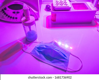 Coronavirus Prevention Medical Surgical Masks Hand Sanitizer Under Uv Light With Lab Equipment Corona Virus Protection V