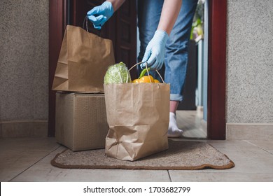 Coronavirus. Quarantine, contactless delivery during a pandemic covid. Stay at home, Online shopping. Food boxes and stamp. Contactless delivery.