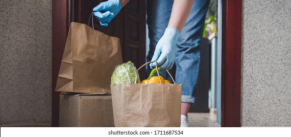 Coronavirus. Quarantine, Contactless Delivery During A Pandemic Covid. Stay At Home, Online Shopping. Food Boxes And Stamp. Contactless Delivery.