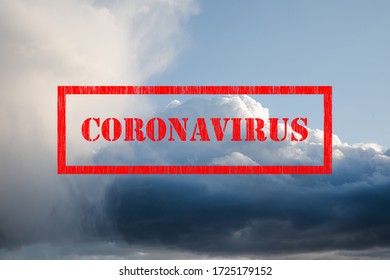 Coronavirus Red Sign Stamp On Bright Big Blue Cumulus Clouds With Silver Lining Sky Background