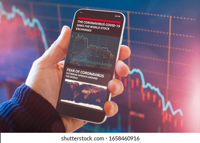 The coronavirus sinks the global stock exchanges. Smartphone app showing the collapse of the stock market due to the global Coronavirus virus crisis.
