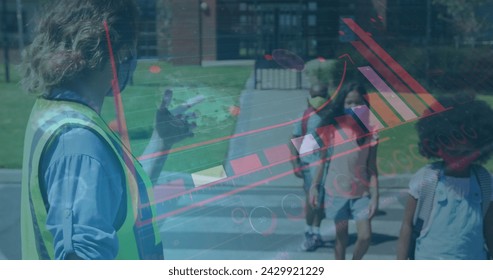 Coronavirus statistical data processing against female teacher helping kids cross the road. covid-19 coronavirus pandemic concept