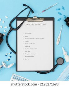 Coronavirus Test Questionnaire On The Table. Checklist For Questions About Covid-19.