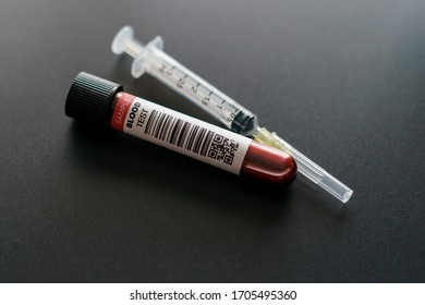 Coronavirus Testing Process, Tube Of Blood Test Samples Of Coronavirus (COVID-19). (FAKE QR Codes/barcodes)