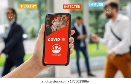 coronavirus tracking app on a mobile smartphone. Close up of woman tracking crowd of people in a smartphone screen application. Hand holding smart device. Mockup website. covid-19 corona virus tracker