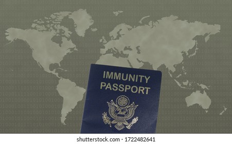 Coronavirus And Travel Concept. Blue Immunity Passport Against World Map Background. Border Control And Quarantine For Tourists Infected. Document For A Person Who Is Immune To The Coronavirus