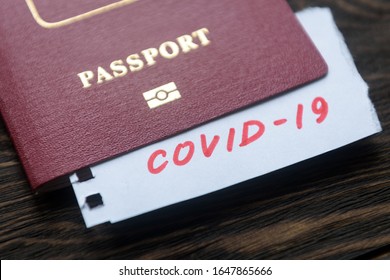 Coronavirus, Travel And Health Concept, COVID-19 Note In Tourist Passport. Medical Test At Border Control Due To Pandemic Restrictions. Business, Immigration And Tourism Hit By Corona Virus.