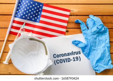 Coronavirus In United States,. Flag Of United States,, Vaccine, Face Mask For Virus, Glove And Paper Sheet With Words Coronavirus COVID-19