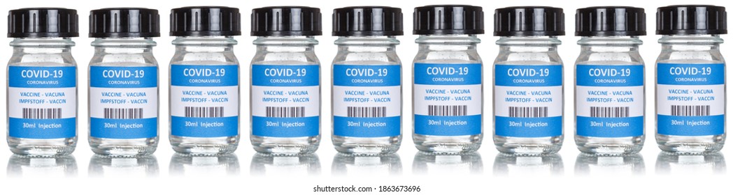 Coronavirus Vaccine Bottle Corona Virus COVID-19 Covid Vaccines In A Row Isolated On White Bottles