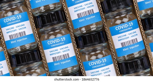 Coronavirus Vaccine Bottle Corona Virus COVID-19 Covid Vaccines Box Background Panoramic Photo Bottles