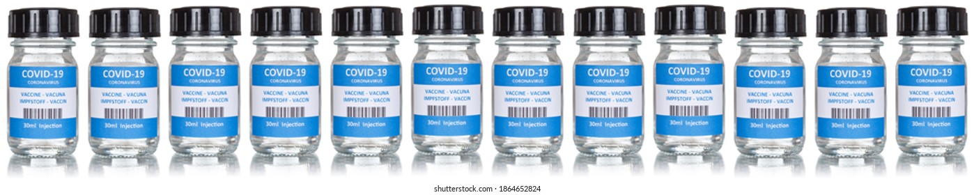 Coronavirus Vaccine Bottle Corona Virus COVID-19 Covid Vaccines In A Row Isolated On White Bottles