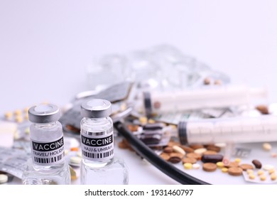 Coronavirus Vaccine. Sars-cov-2 COVID-19 For Travel And Hajj Umrah. Some Ampoules With Ncov-2019 Vaccine  With Medicine Medical Equipment