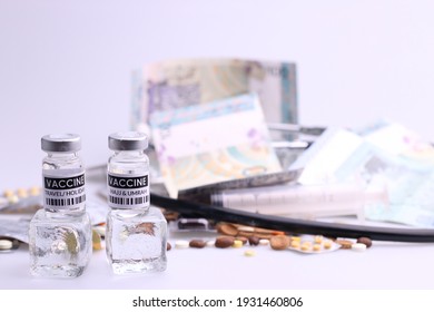 Coronavirus Vaccine. Sars-cov-2 COVID-19 For Travel And Hajj Umrah. Some Ampoules With Ncov-2019 Vaccine  With Medicine Medical Equipment