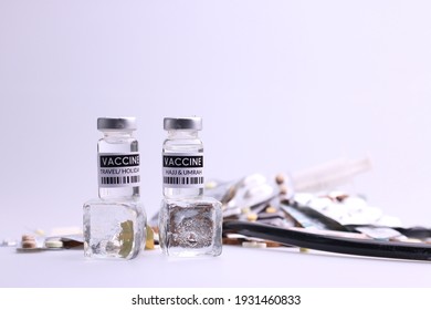 Coronavirus Vaccine. Sars-cov-2 COVID-19 For Travel And Hajj Umrah. Some Ampoules With Ncov-2019 Vaccine  With Medicine Medical Equipment